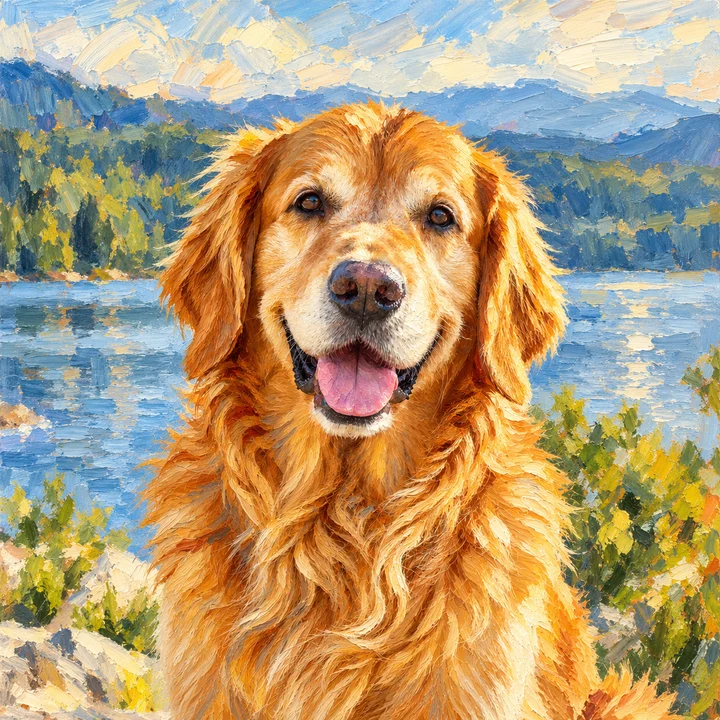 The same golden retriever transformed into an oil painting